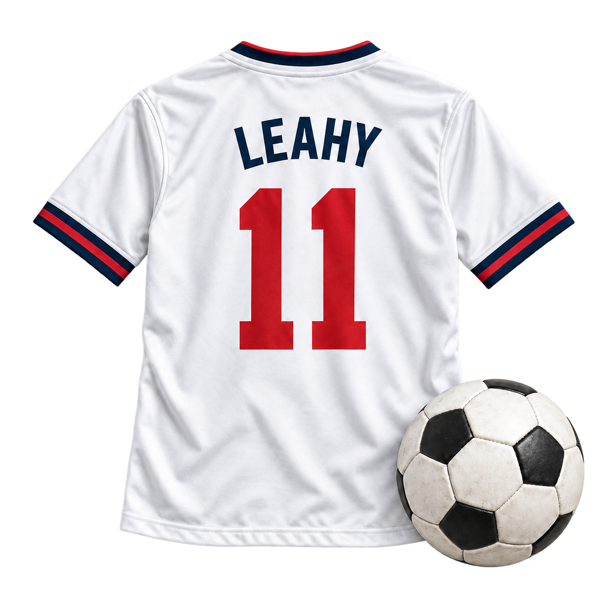 The back of a white soccer jersey with LEAHY above a large red 11, beside a classic black-and-white soccer ball.